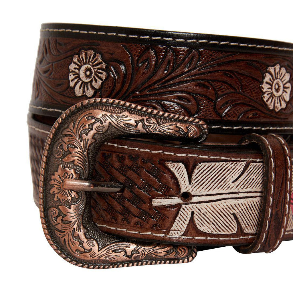 PINK FEATHER HAND-TOOLED LEATHER BELT S-4062