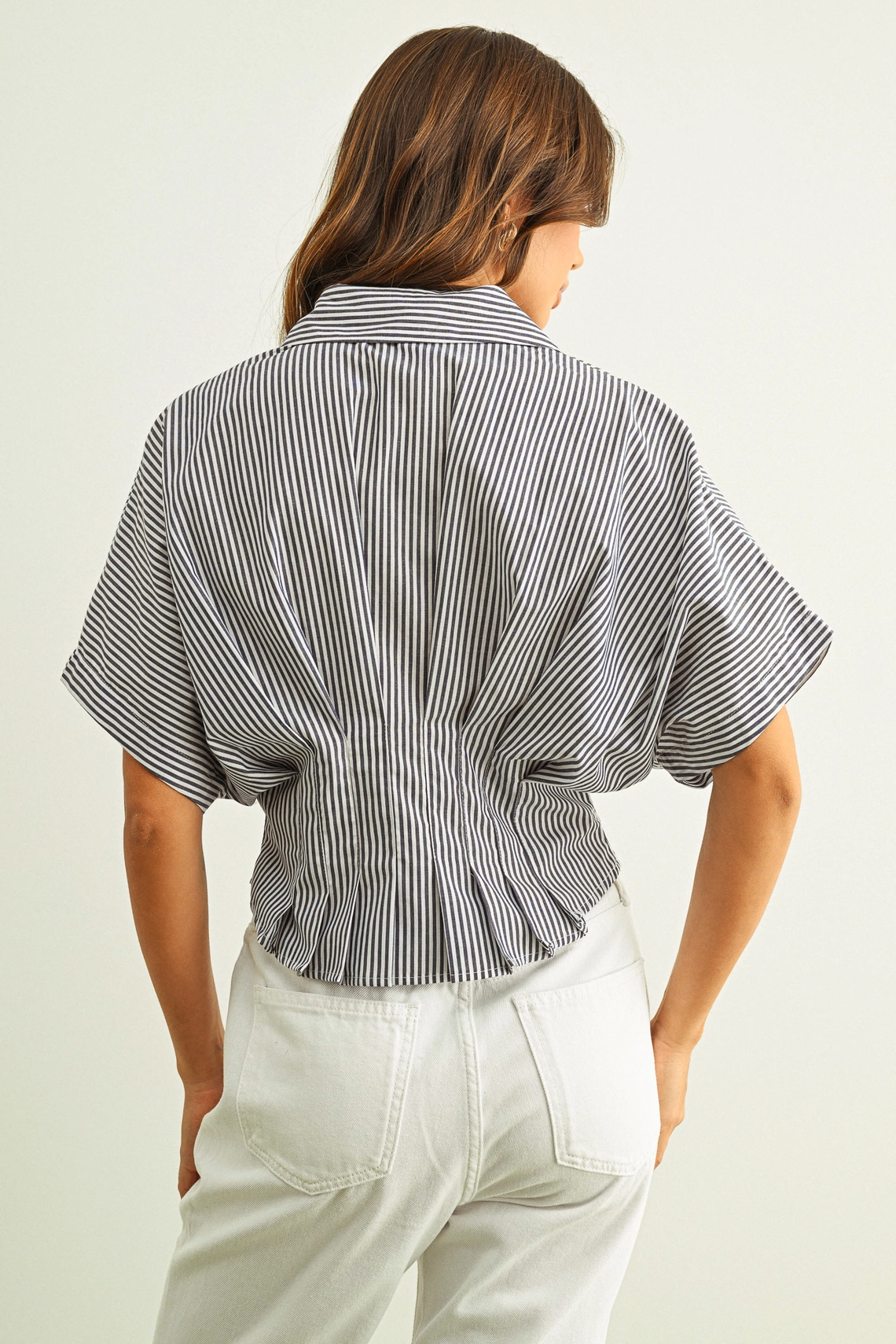 Stripe Button Front Shirts with Pleated Waist Detail - Blue