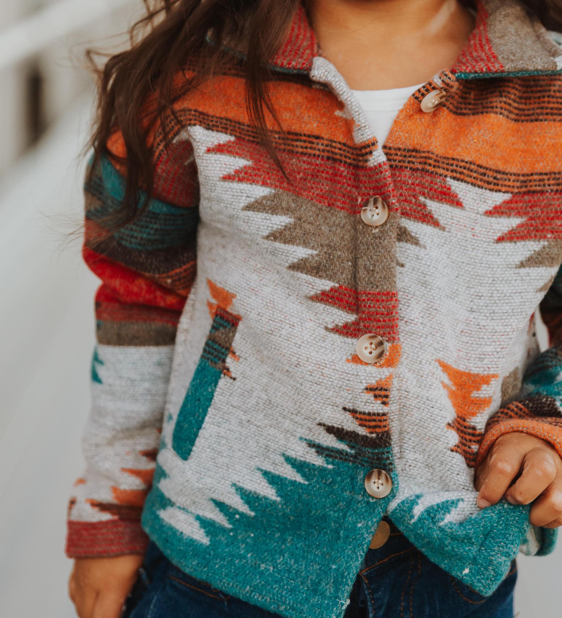 KIDS AZTEC PRINTED SHACKET - BLUE, RUST, RED
