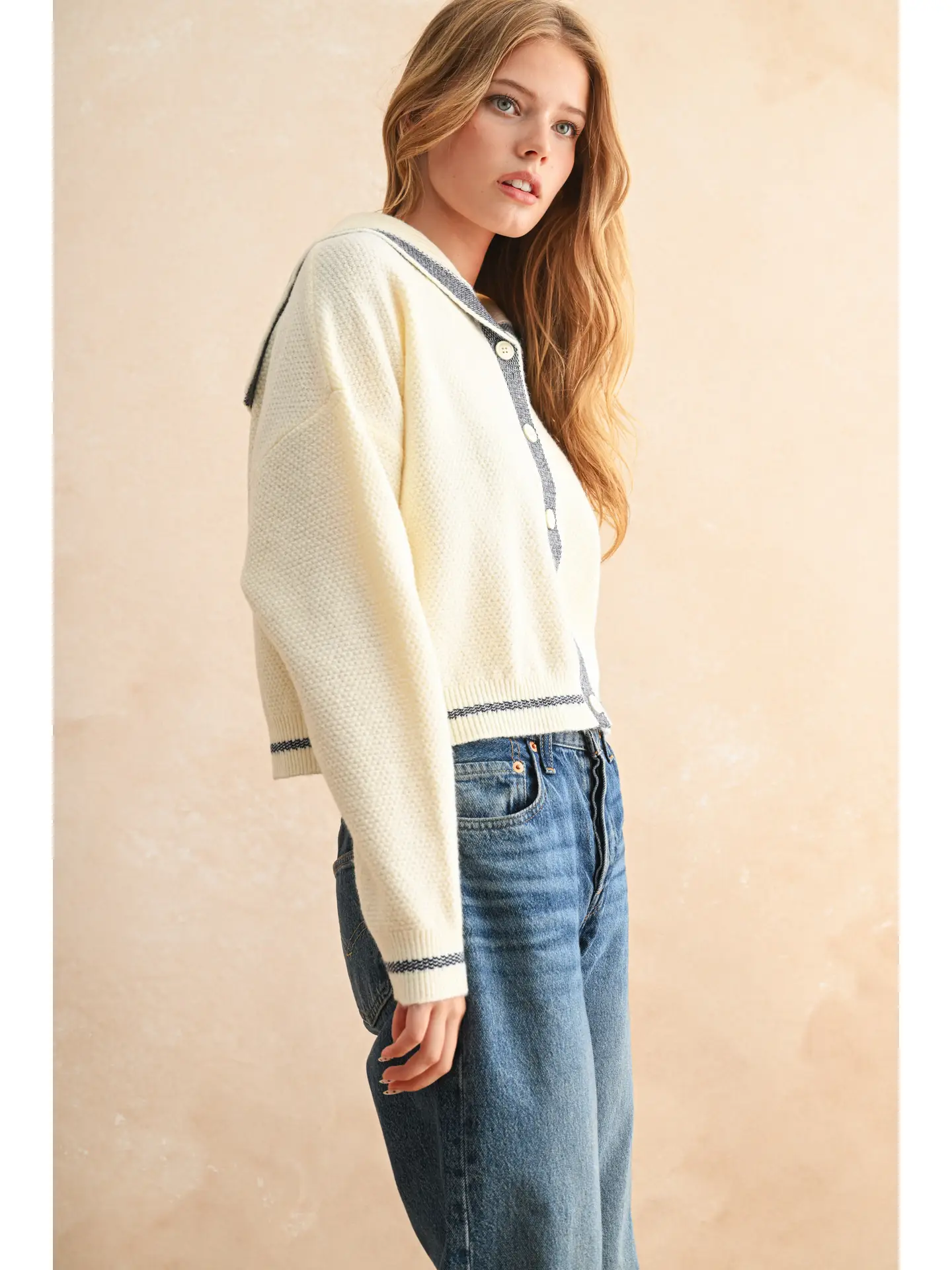 Color Contrast Sailor Style Sweater Cardigan