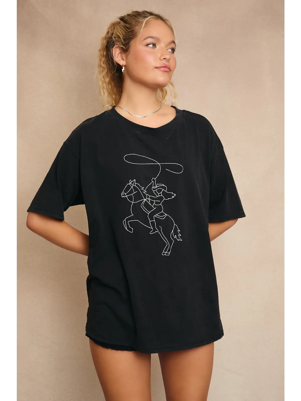 Washed Tee with Western Line Stitch - BLACK