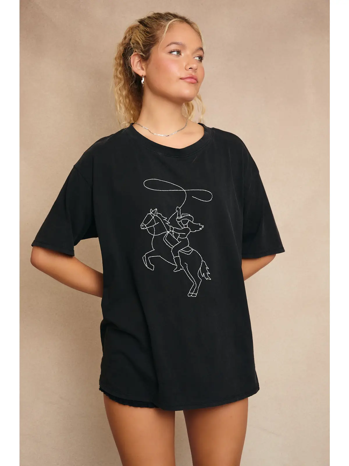Washed Tee with Western Line Stitch - BLACK