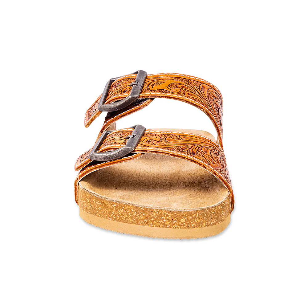 MYRA MOLLY MEGAN HANDTOOLED LEATHER SANDALS - EASY SLIP-ON DUAL BUCKLE LEATHER FLATS FOR WOMEN