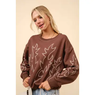 Western Boots Stitch Pullover Sweatshirt - Brown