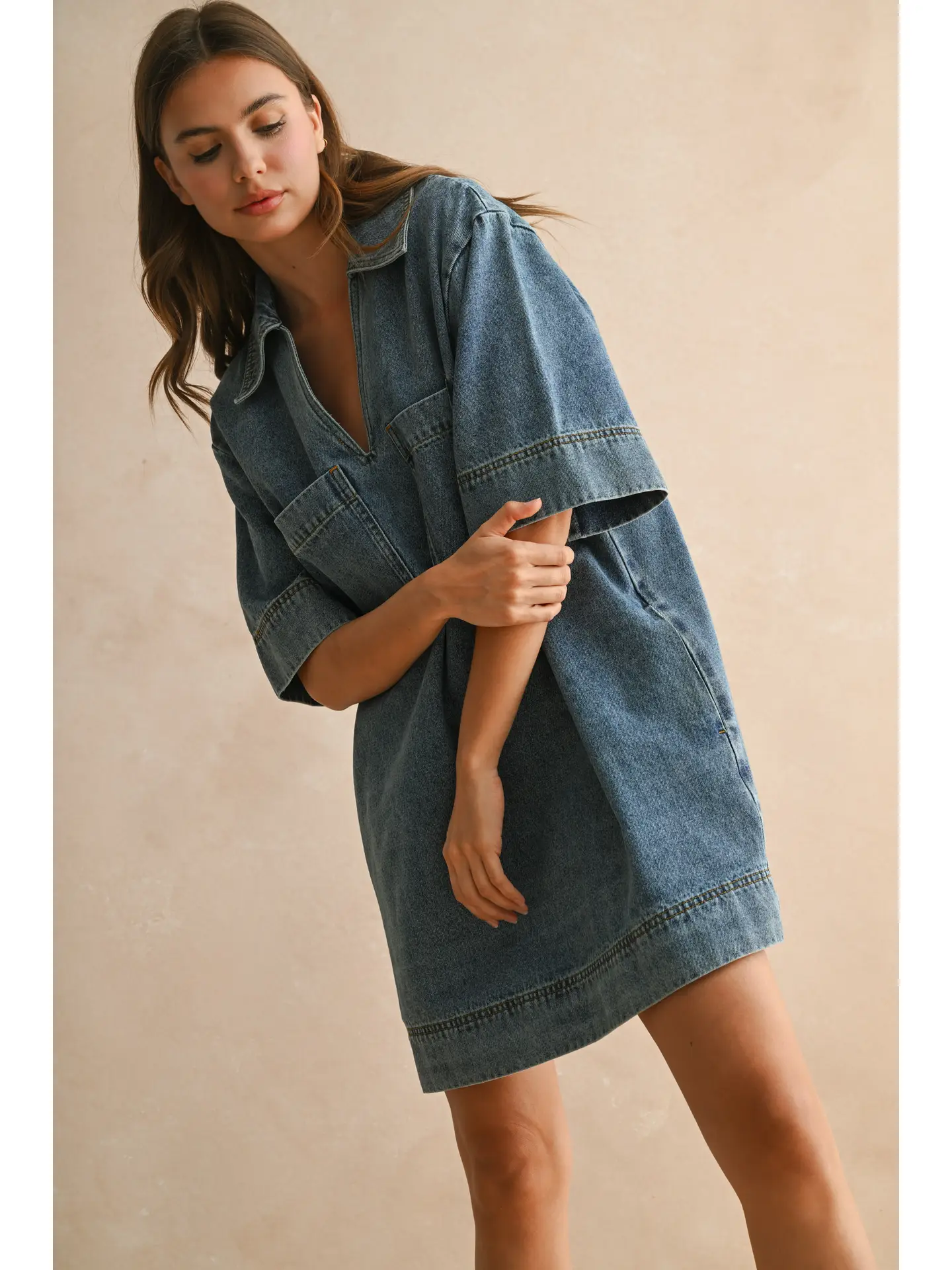 V-Neck Denim Tunic Dress - Denim