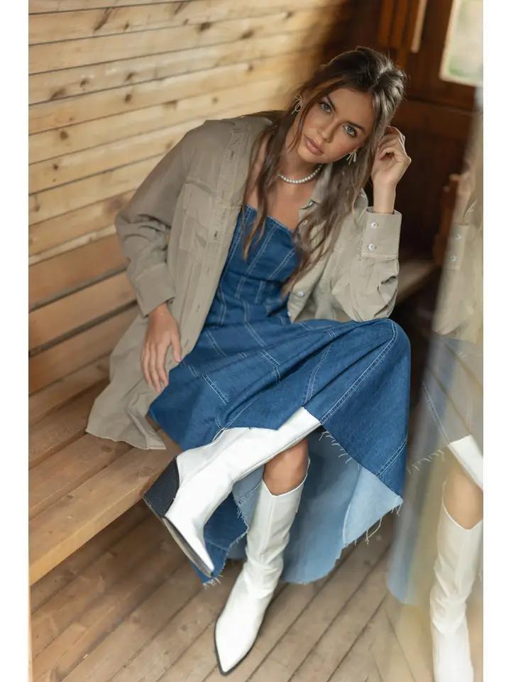 Paneled Denim Long Dress