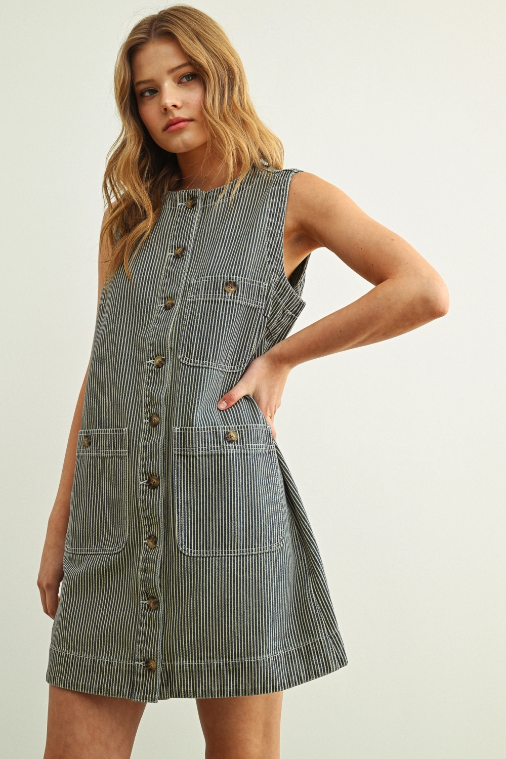 Striped Fabric Button Front Denim Dress