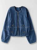 Chic Utility Zip-Up Denim Bomber Jacket