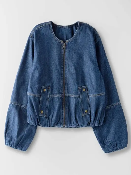 Chic Utility Zip-Up Denim Bomber Jacket