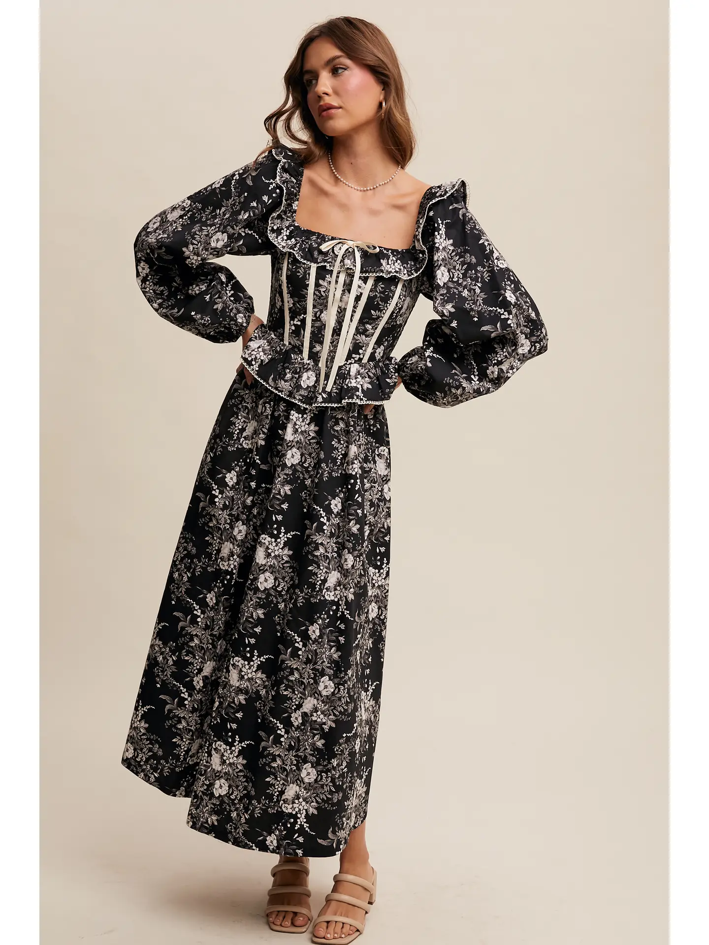 Floral Corset Ruffle Midi Dress - BLACK