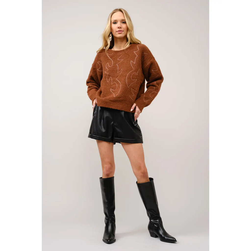 Western Boots Stitch Pattern Crew Neck Sweater - Brown