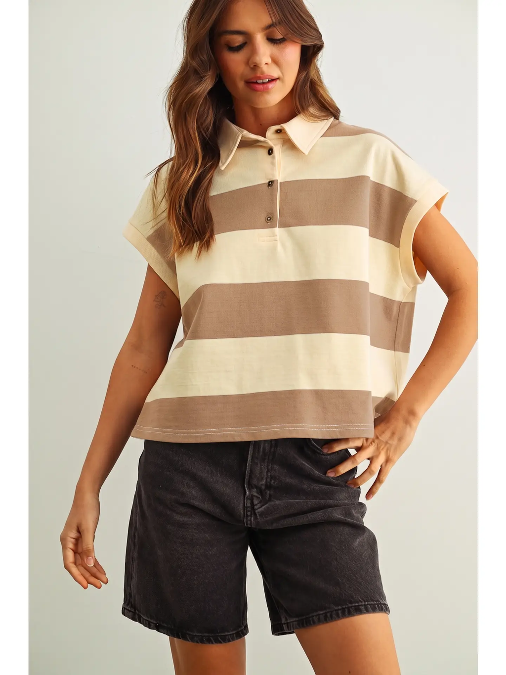 Wide Striped Sslv Polo Shirts - BEIGE/TAN