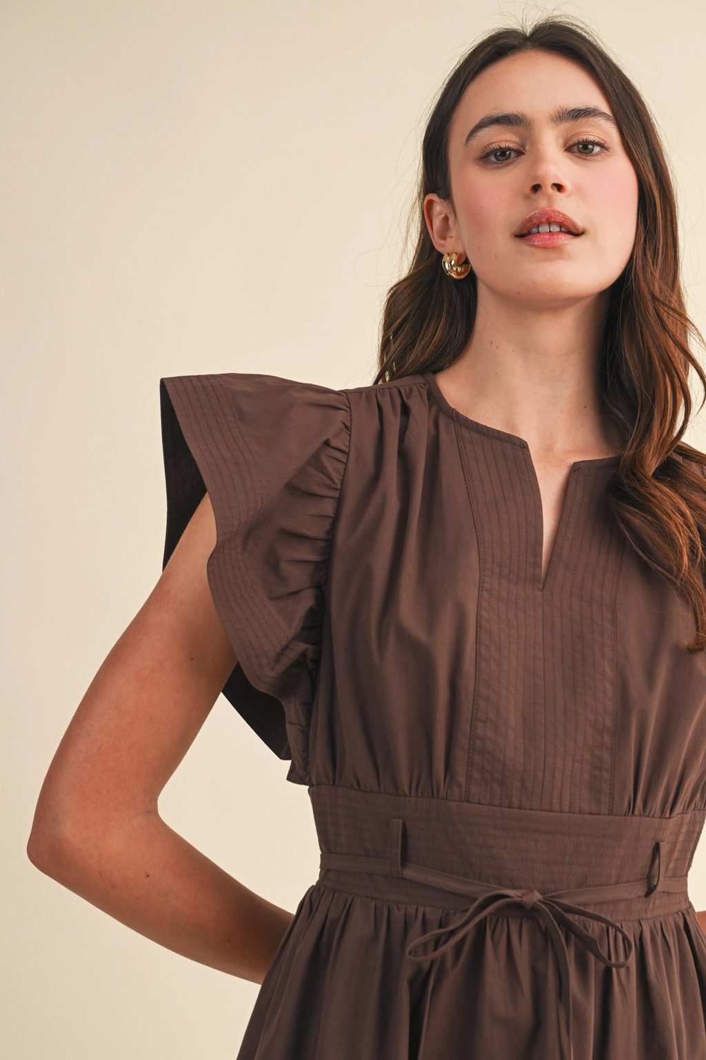 Embroidered Seam Pin Tuck Detail Mini Dress - COCOA BROWN