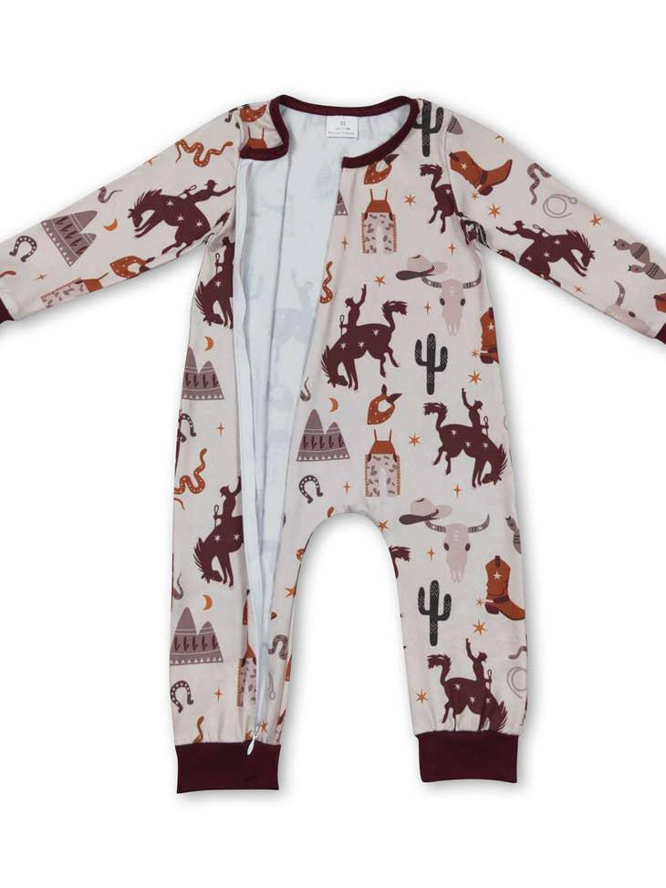 WESTERN PRINT BABY LONG SLEEVE ZIP ROMPER