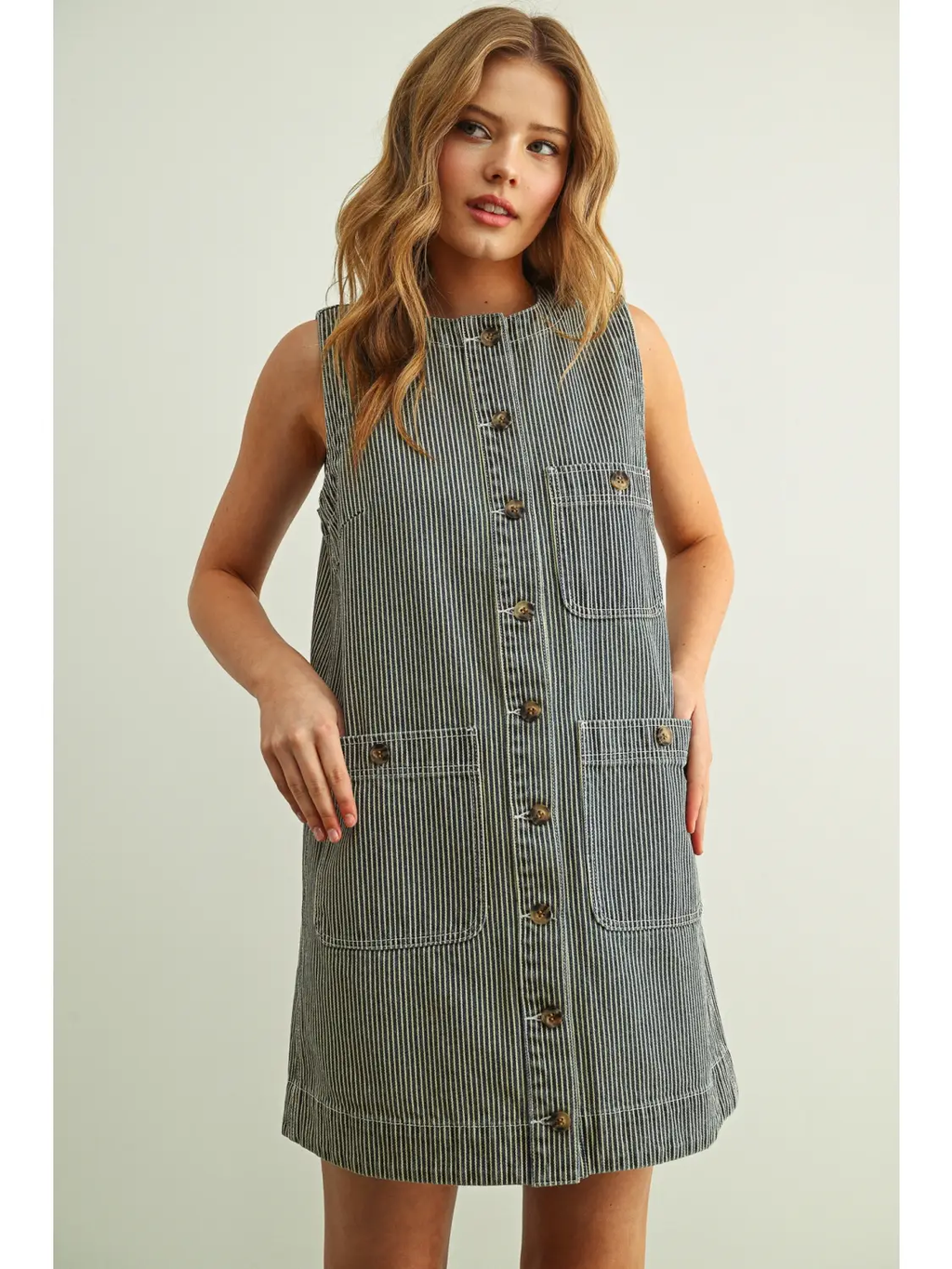 Striped Fabric Button Front Denim Dress