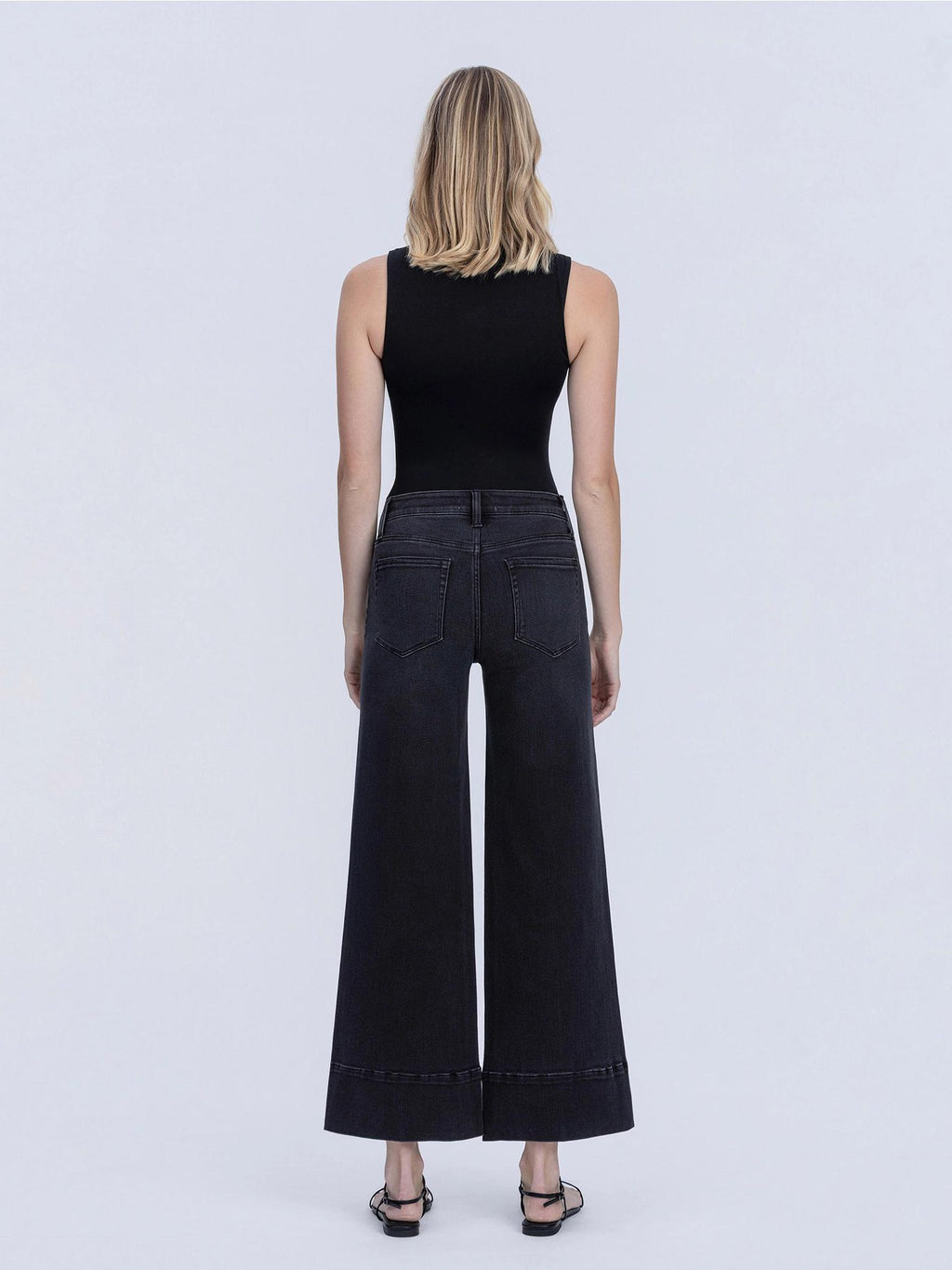 High Rise Patch Pocket Pin Tuck Black Wide Leg Jeans