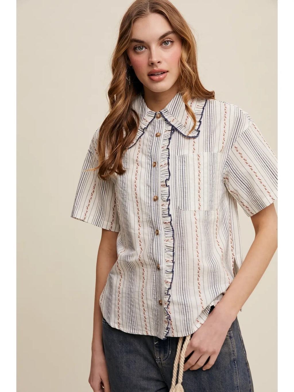 Striped Embroidered Button-Down Blouse
