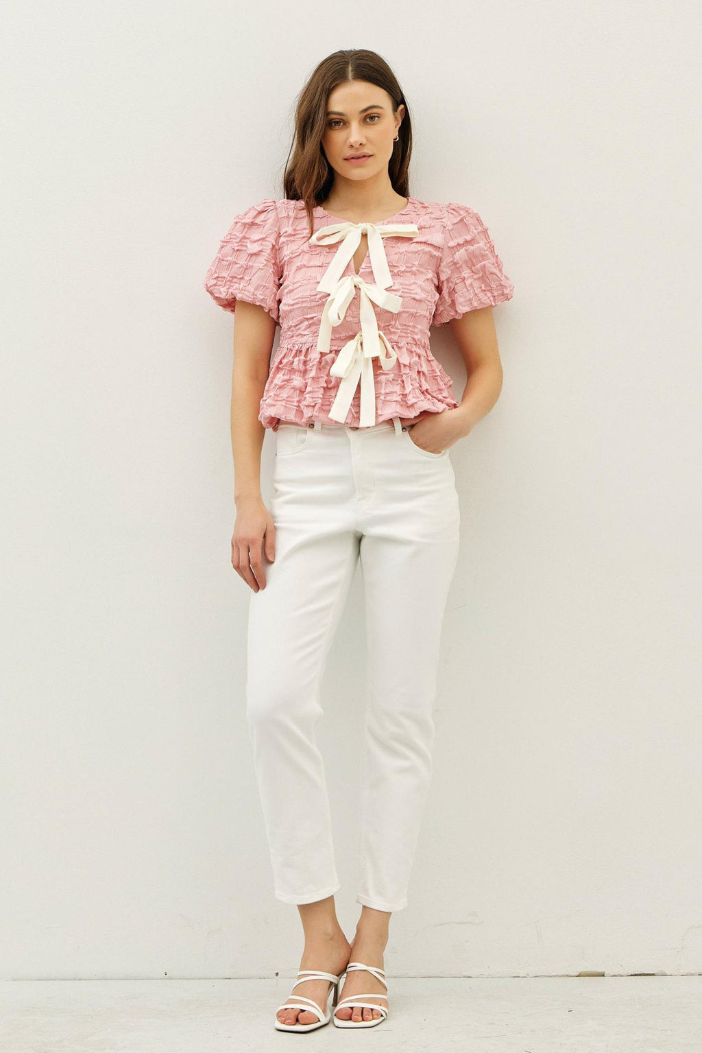 Ballerina Pink - Bubble Babydoll Blouse with Textured Fabric and Contrast Bow
