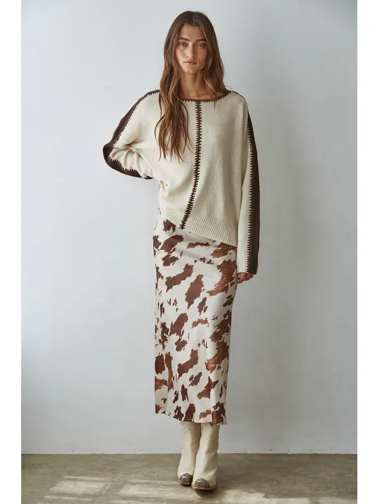 Woven Cow Print Satin Midi Skirt