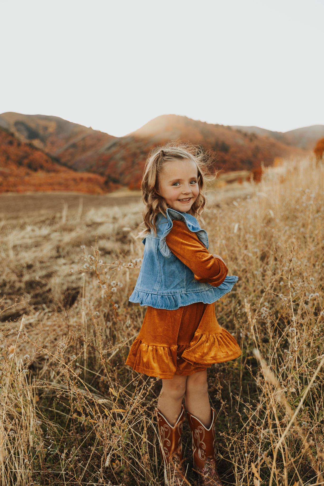 BROWN CORDUROY RUFFLE GIRL DRESS