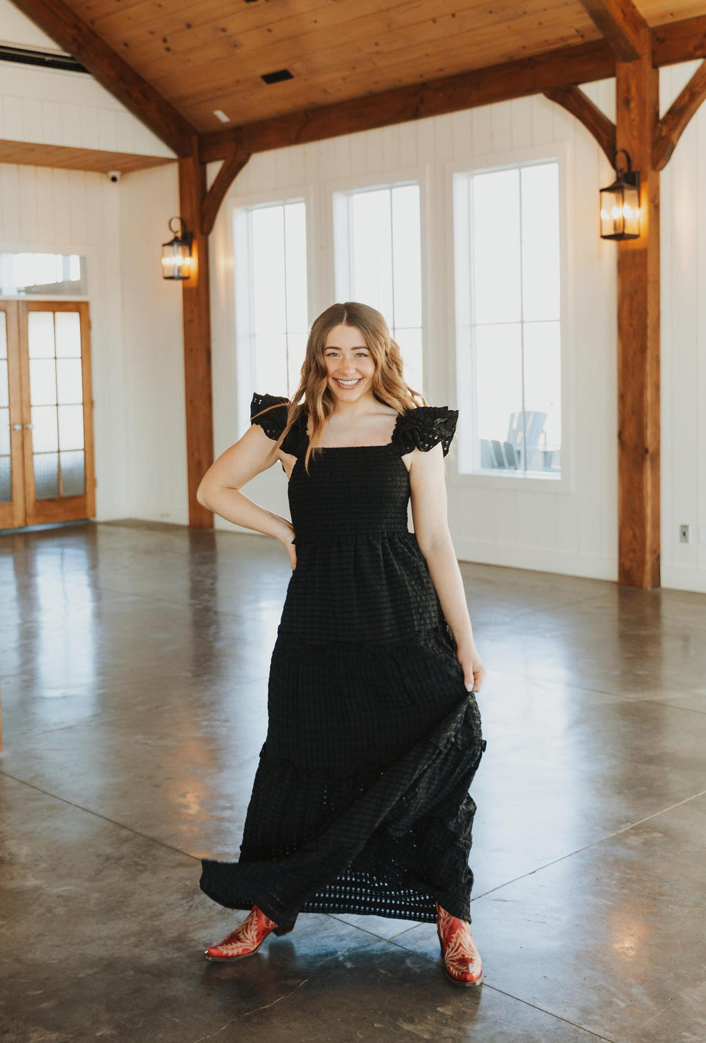 Maxi Smocking Dress in Sheer Gingham - Black
