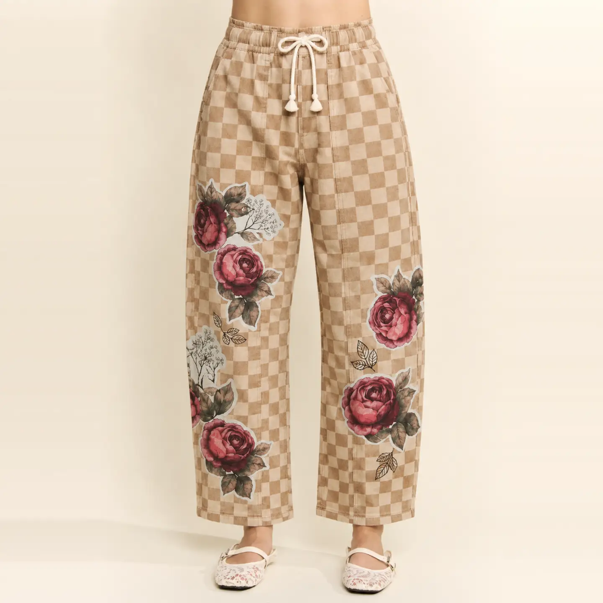 Rose Patch Checkerboard Denim Drawstring Pants