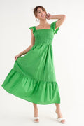Olivia Ruffle Smocked Torso Poplin Midi Dress - Green