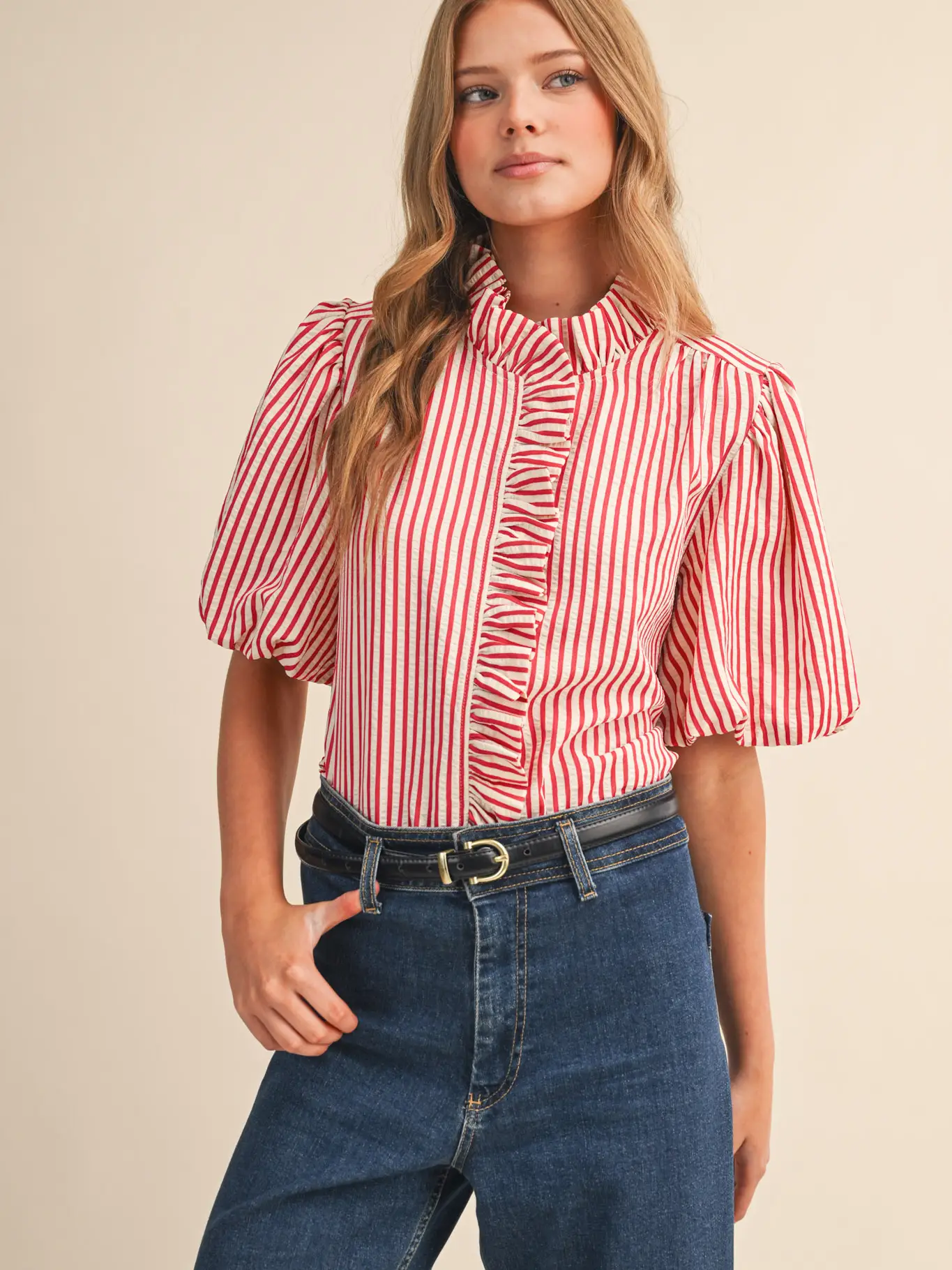 Striped Ruffled Button Down Top - BERRY RED
