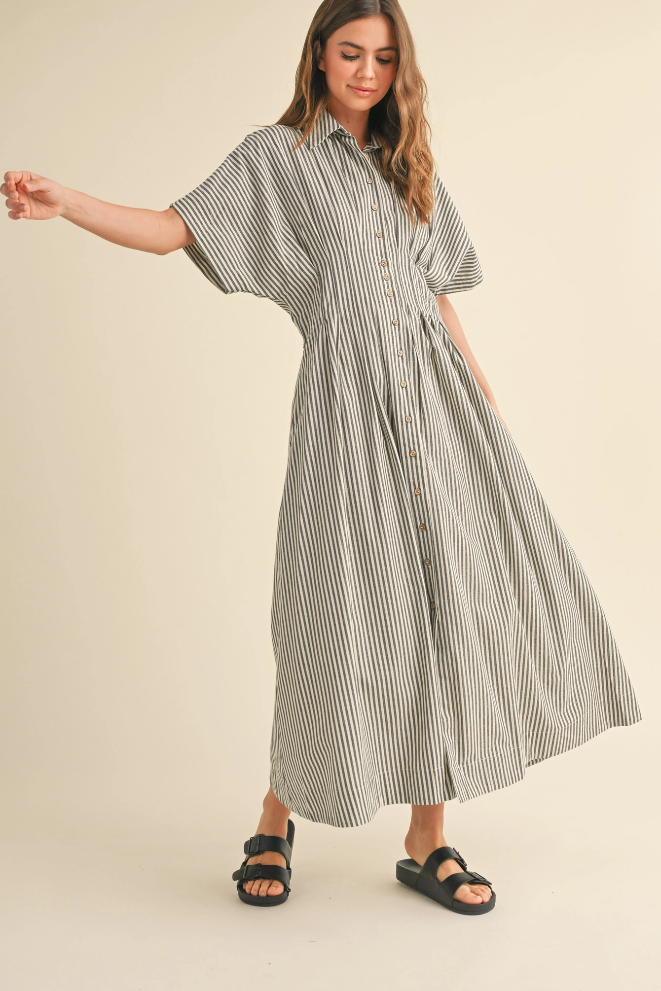 Striped Buttondown Shirt Dress - Black Stripe