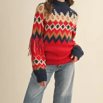 Mock Neck Fair Isle Fringe Sleeve Sweater