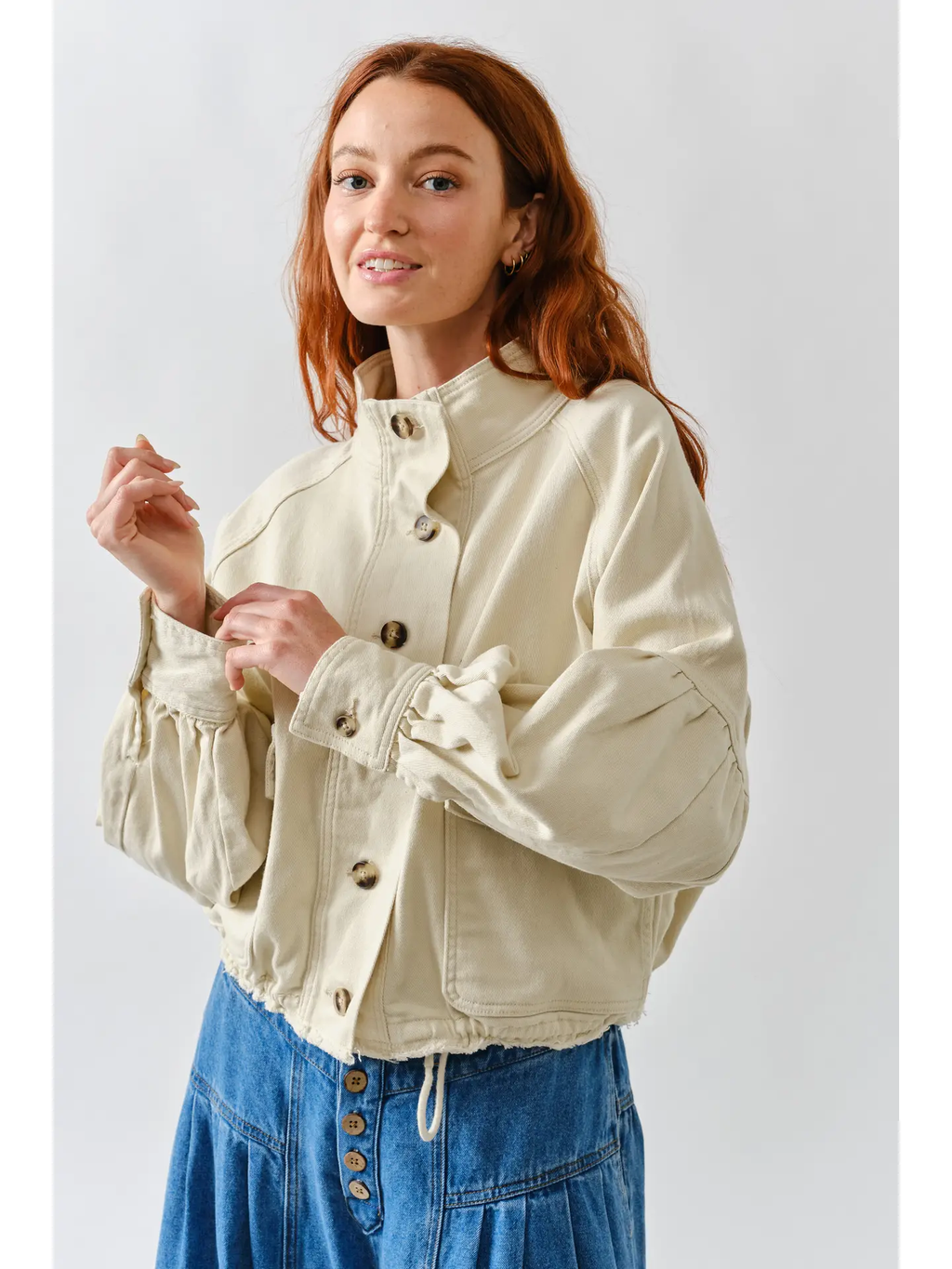 Ballon Sleeve Twill Jacket Drawsting Waist