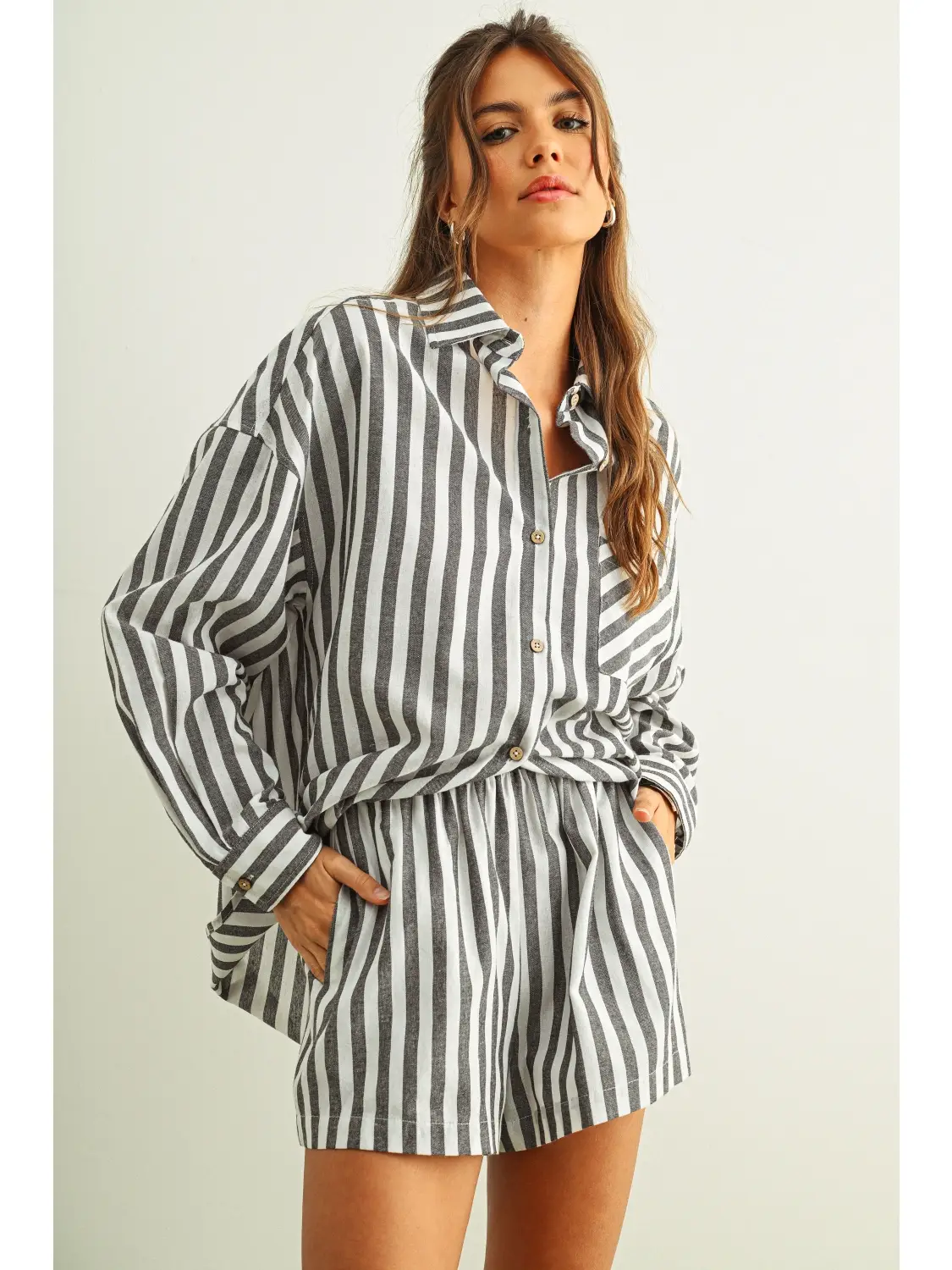 Striped Button Down Linen Shirts - BLACK