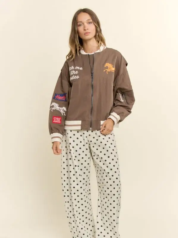 Retro Rodeo Embroidered Bomber Jacket - MOCHA