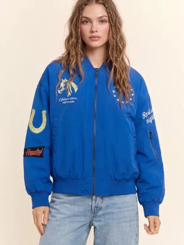 Embroidered Horse and Stars Bomber Jacket - BLUE