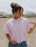 Pleated Bubble Hem Button Down Top - PINK