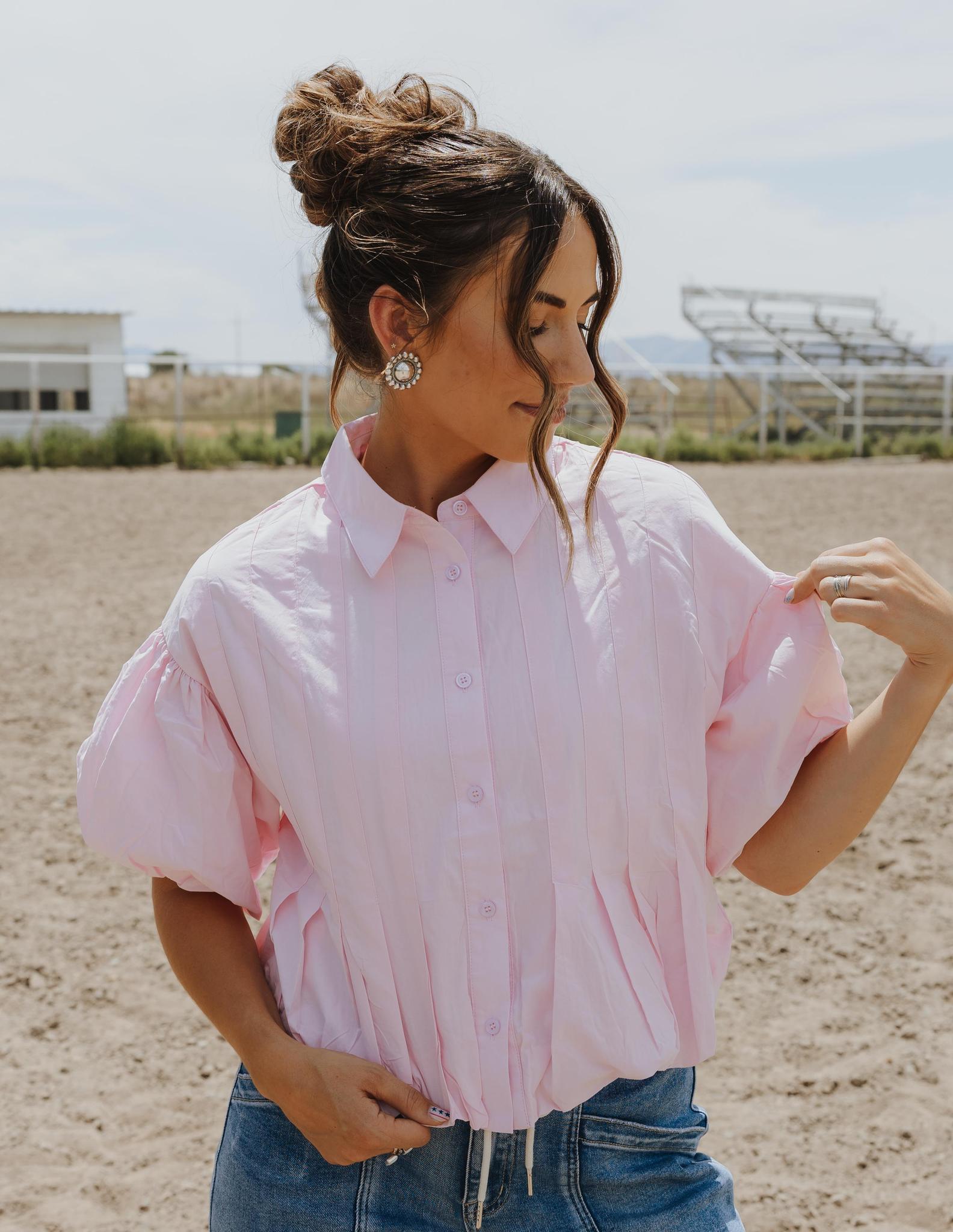 Pleated Bubble Hem Button Down Top - PINK