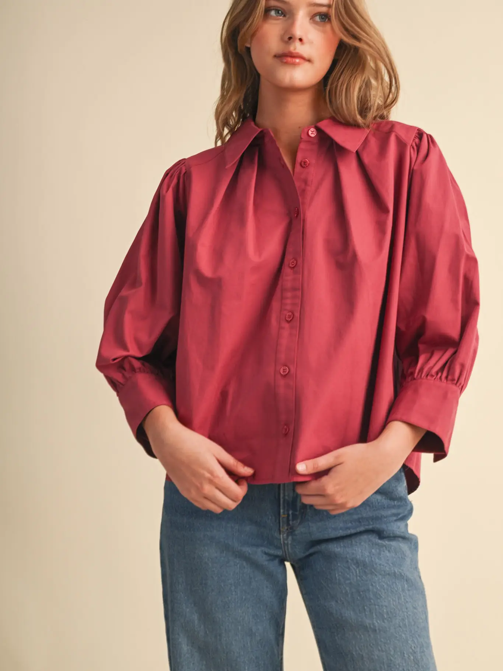 Puff Sleeve Button Down Top - ROSEWOOD PINK