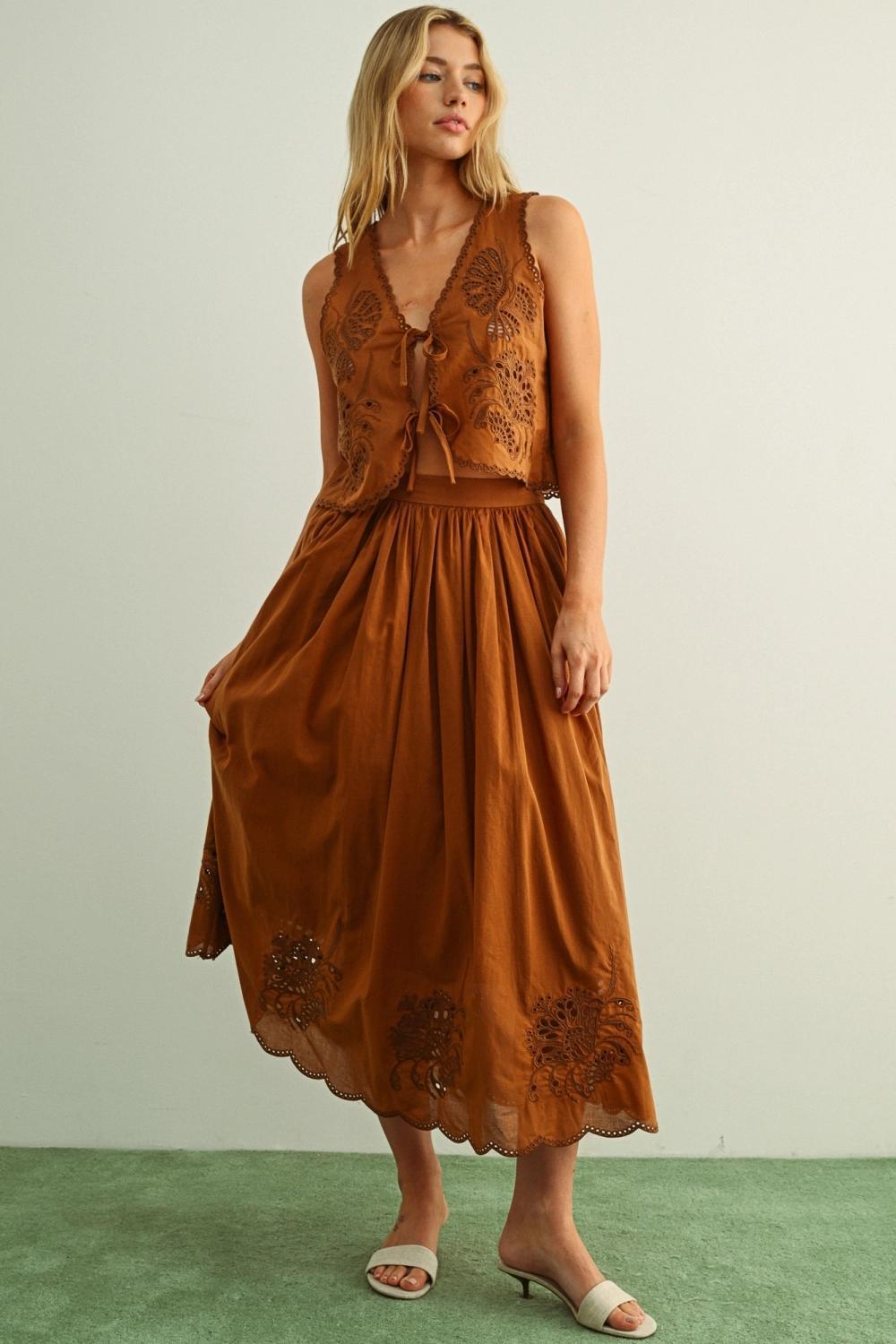 Embroidery Tied in Front Sleeveless Top - COFFEE