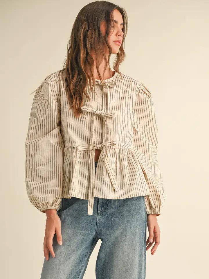 Striped Woven Blouse with Tie Front - Beige/Brown