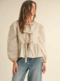 Striped Woven Blouse with Tie Front - Beige/Brown