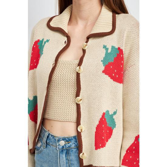 STRAWBERRY PRINT CONTRASTED CARDIGAN