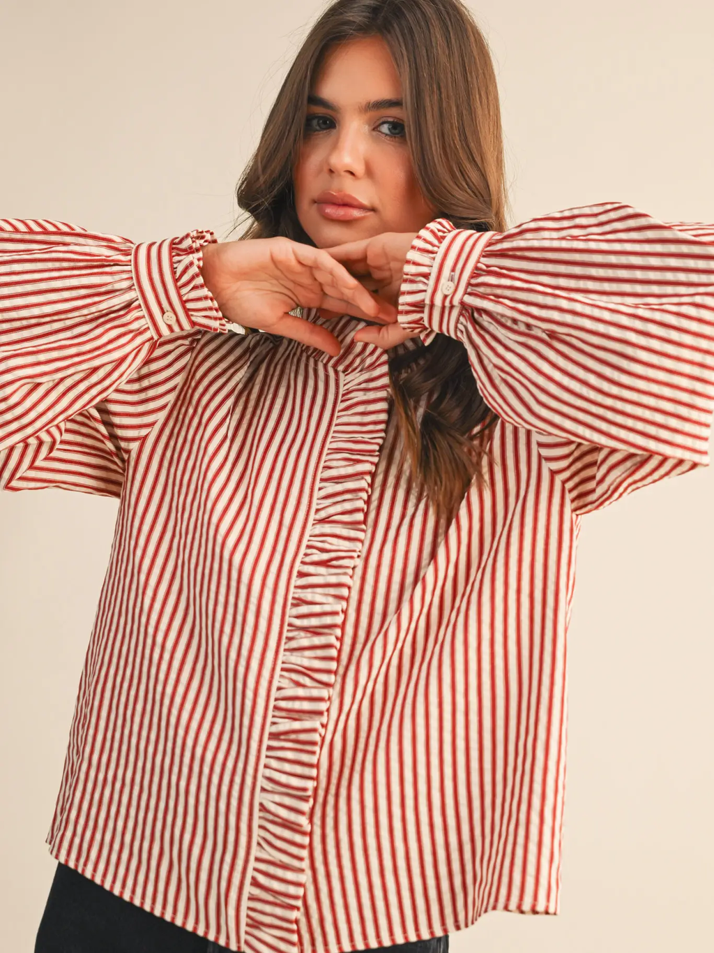 Striped Ruffled Button Down Long Sleeve Top - RED STRIPE