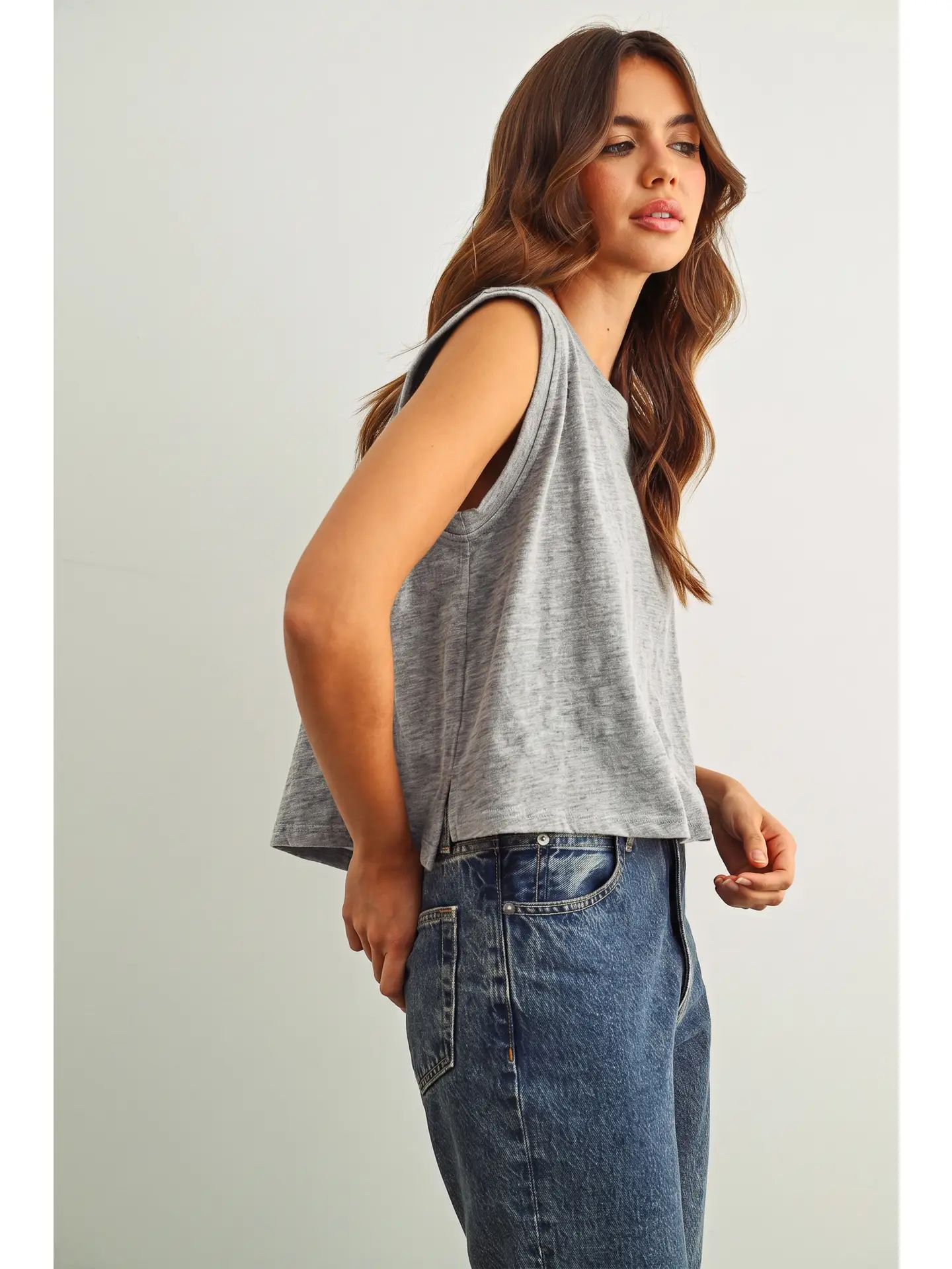 Round Neck Slub Top - HEATHER GREY