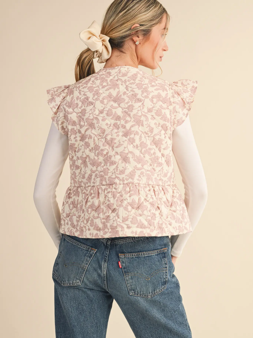 Flutter Sleeve Floral Quilted Vest - IVORY PINK FLORAL