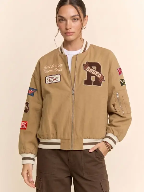 Western Varsity Patch Bomber Jacket - TAUPE