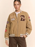 Western Varsity Patch Bomber Jacket - TAUPE