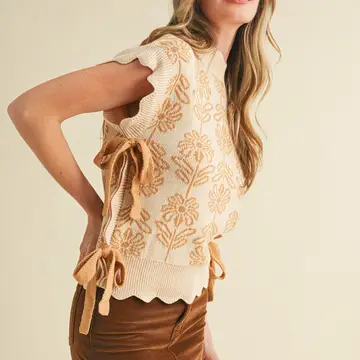 Mock Neck Floral Sweater VesT - BRONZE BROWN