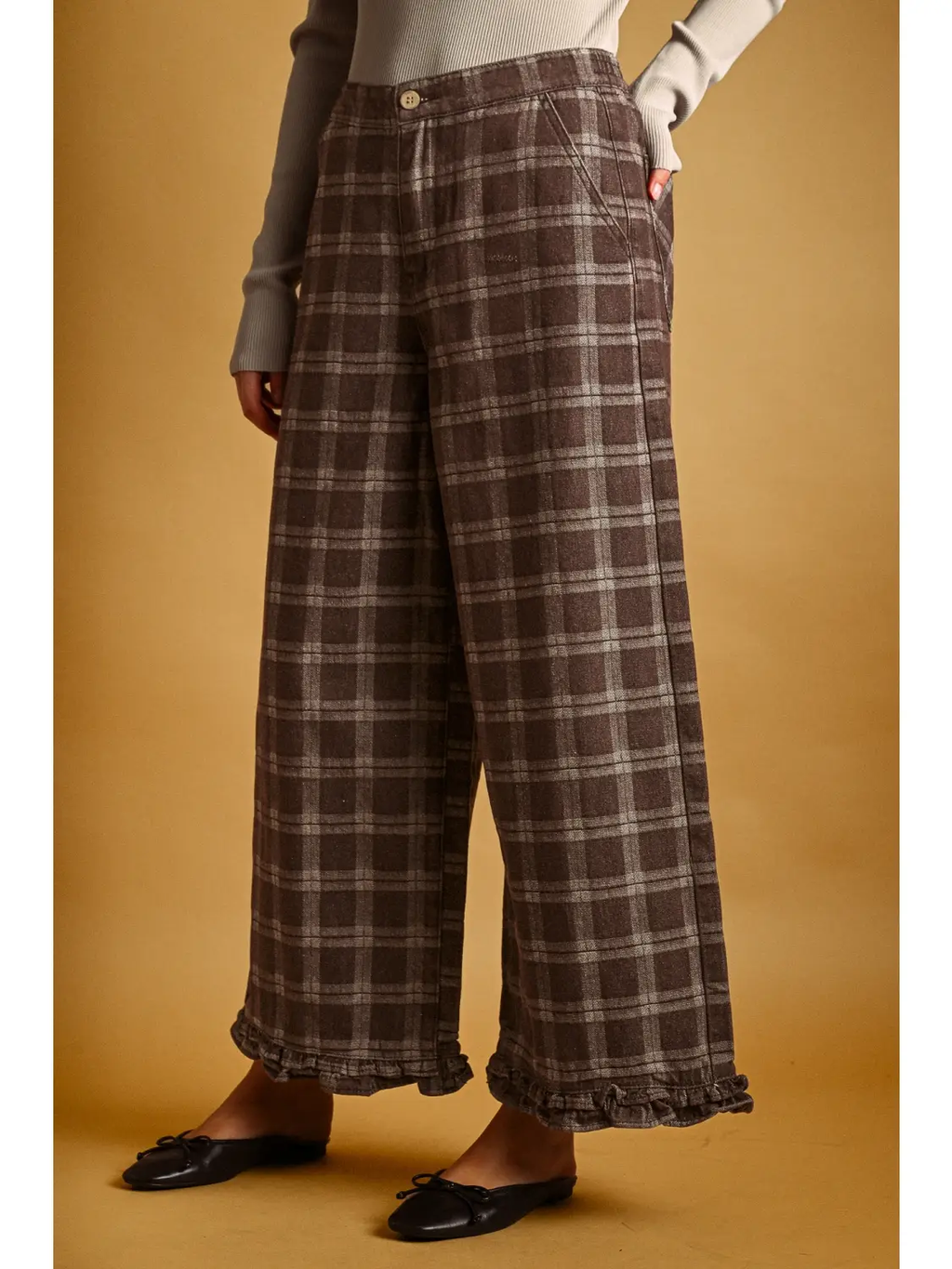 Ruffle Detail with Plaid Fabric Pants - CHOCOLATE