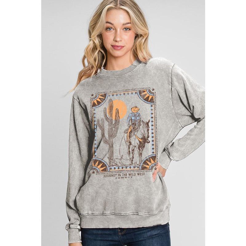WESTERN COWBOY WASHED LONG SLEEVE SWEATSHIRT TOP - GREY