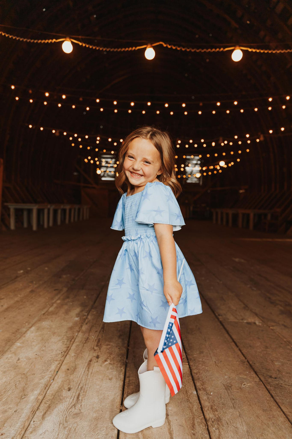 BLUE STAR SMOCKED RUFFLE GIRL DRESS